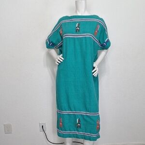 Isabel Teal Vintage Embroidered Lagenlook Multicolor Patio Midi Dress Size M